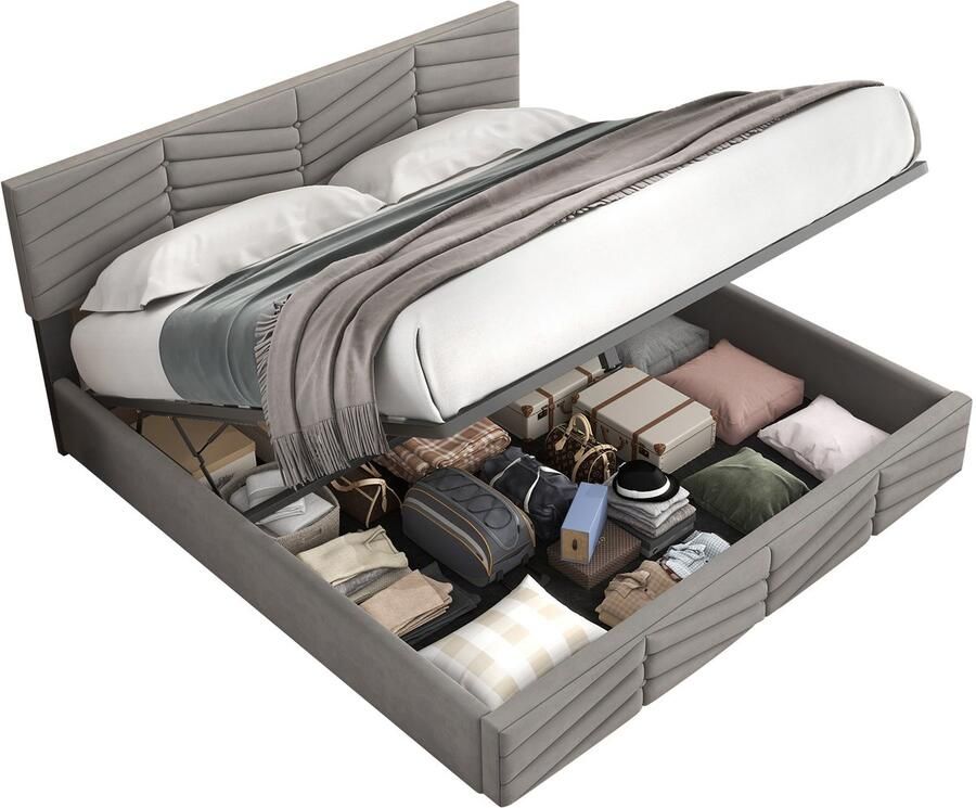 Merax Gestoffeerd Tweepersoonsbed 140x190 met Hydraulische Opbergruimte Fluwelen Bed met Verstelbaar Hoofdbord Grijs