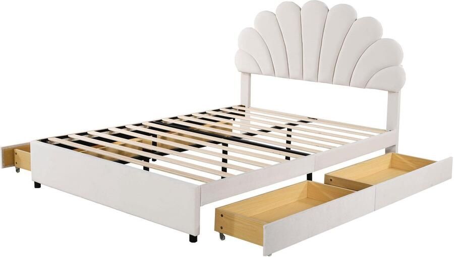 Merax Gestoffeerd Tweepersoonsbed 140x200 cm Bed in Luxe Fluweel met Bladvormig Hoofdbord en 4 Opberglades Stabiel Houten Lattenbodem Beige