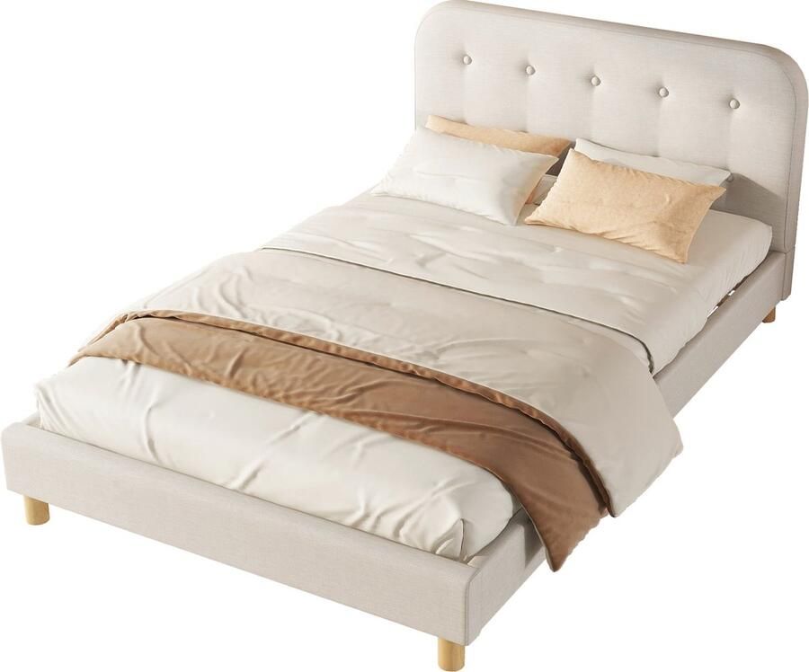 Merax Gestoffeerd Tweepersoonsbed 140x200 cm Bed in Minimalistisch Design Linnen Bekleding Beige