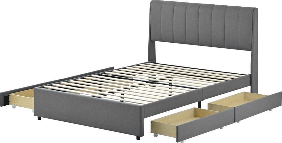 Merax Gestoffeerd Tweepersoonsbed 140x200 cm Bed met Lades Bedframe met Lattenbodem en Hoofdbord Grijs