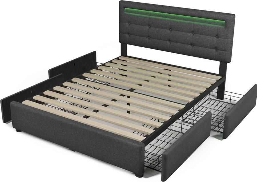 Merax Gestoffeerd Tweepersoonsbed 140x200 cm Bed met LED Verlichting en 4 Lades Grijs