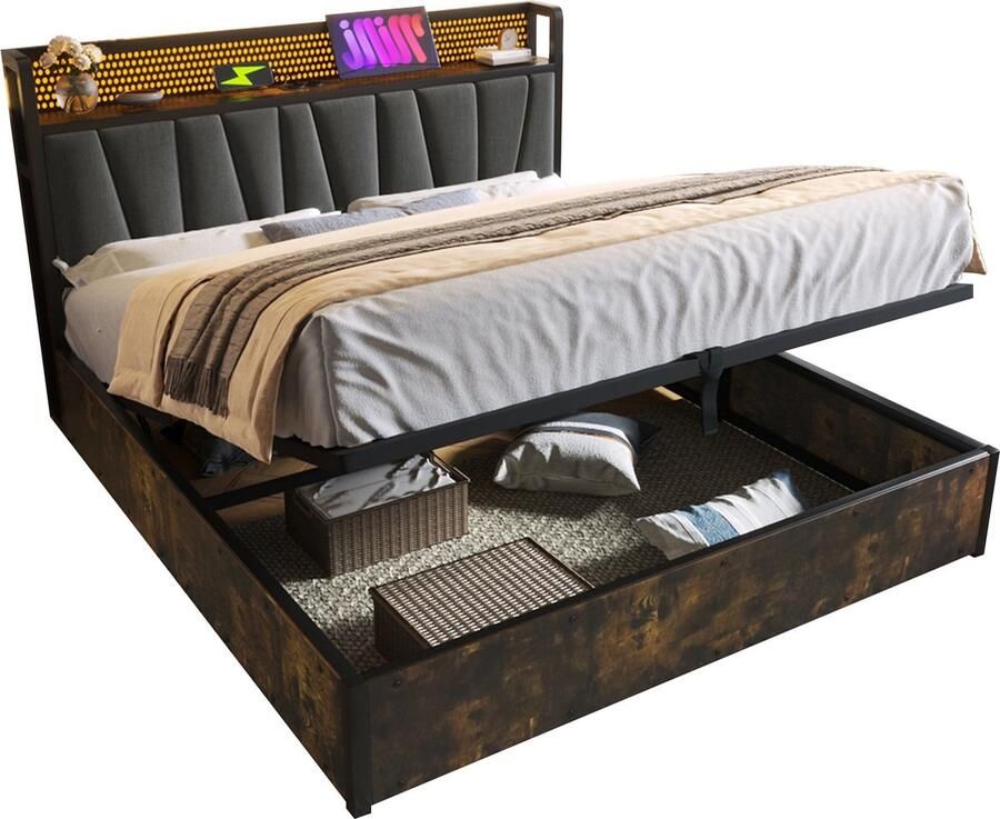 Merax Gestoffeerd Tweepersoonsbed 140x200 cm Bed met LED Verlichting via APP en USB Oplaadfunctie Grijs met Bruin