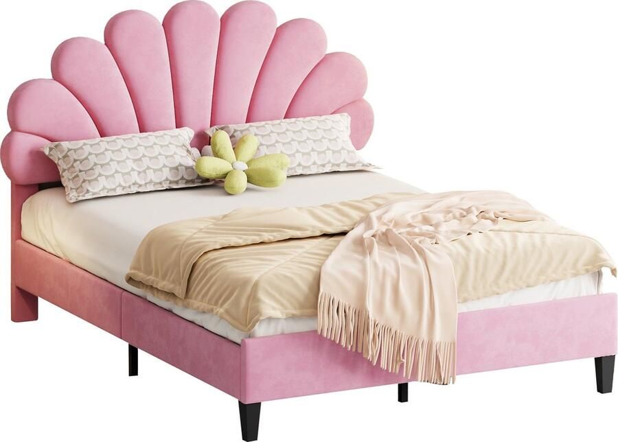 Merax Gestoffeerd Tweepersoonsbed 140x200 cm Bedframe met Bloemvormig Hoofdbord en Lattenbodem Fluwelen Kinderbed Roze