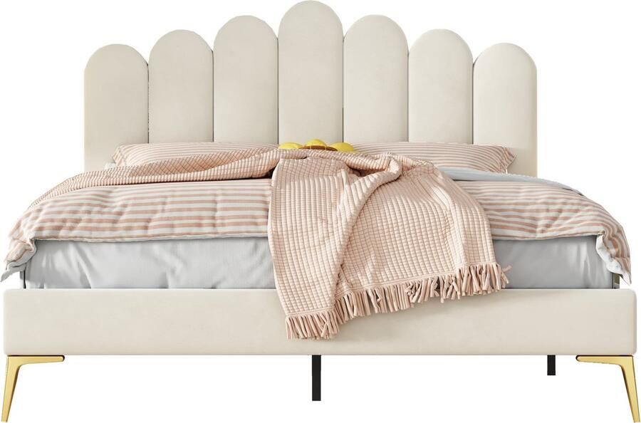 Merax Gestoffeerd Tweepersoonsbed 140x200 cm Bedframe met Hoofdbord en Lattenbodem Bed in Huidvriendelijke Fluwelen Stof Beige