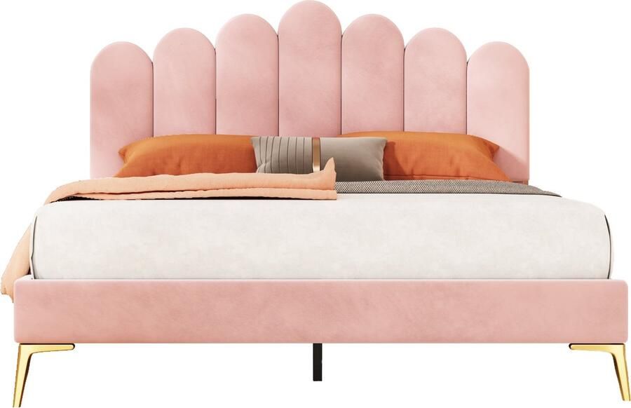 Merax Gestoffeerd Tweepersoonsbed 140x200 cm Bedframe met Hoofdbord en Lattenbodem Fluwelen Stof Roze