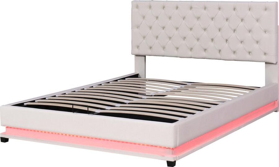Merax Gestoffeerd Tweepersoonsbed 140x200 cm Bedframe met LED-Verlichting en Hydraulische Opbergruimte Bed met Verstelbaar Hoofdbord Beige - Foto 2
