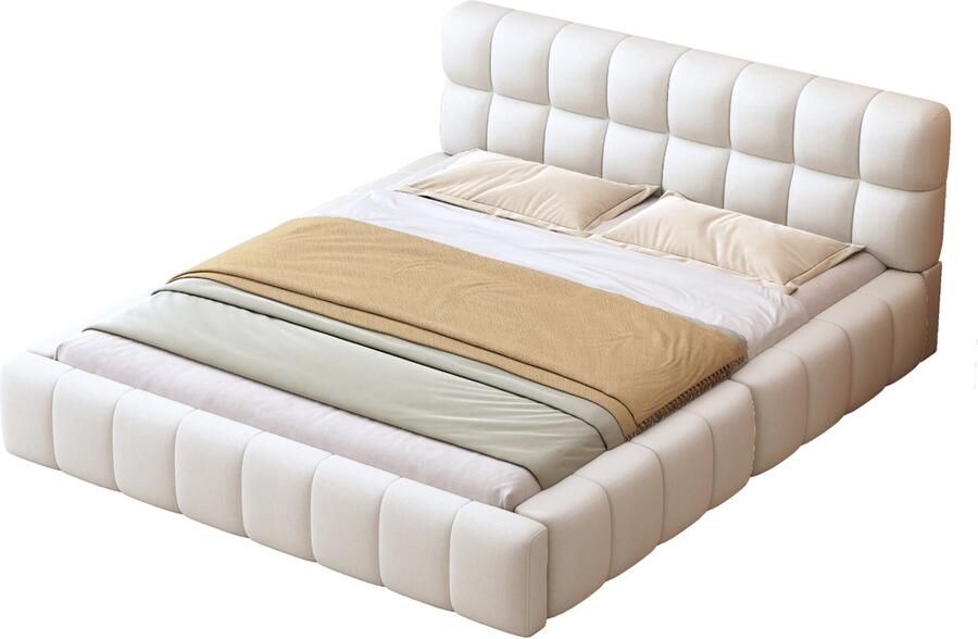 Merax Gestoffeerd Bed 140 x 200 cm Jeugdbed met Zachte Rugleuning Fluweel Beige Lattenbodem (Matratze Niet Inbegrepen)
