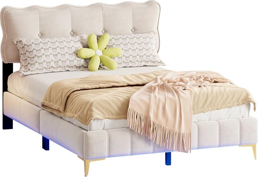 Merax Polsterbed 140x200 cm Comfortabel Tweepersoonsbed met LED-Verlichting Gestoffeerd Hoofdbord Samtstof en Hoge Metalen Poten Beige (Matratras Niet Inbegrepen) - Foto 2
