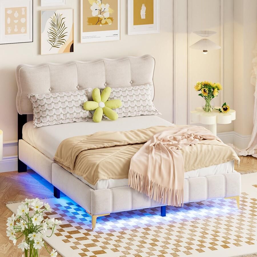 Merax Polsterbed 140x200 cm Comfortabel Tweepersoonsbed met LED-Verlichting Gestoffeerd Hoofdbord Samtstof en Hoge Metalen Poten Beige (Matratras Niet Inbegrepen)