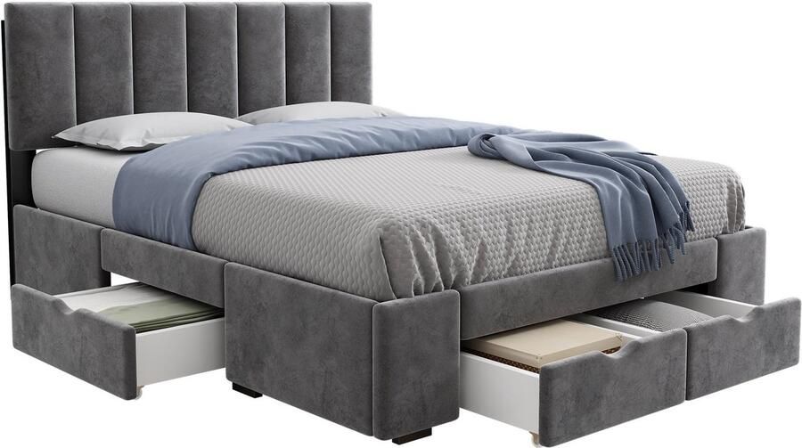 Merax Gestoffeerd Tweepersoonsbed 140x200 cm Fluweel Bed met Lattenbodem en 4 Lades Hoofdeinde Verstelbaar Grijs