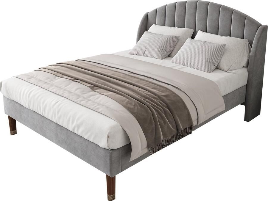 Merax Gestoffeerd Tweepersoonsbed 140x200 cm Fluwelen Bed met Luxe Hoofdbord Grijs