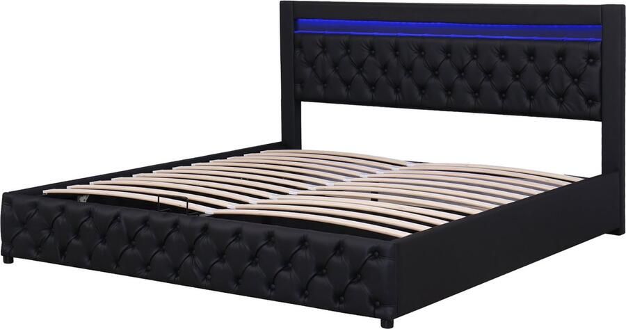 Merax Gestoffeerd Tweepersoonsbed 140x200 cm Functioneel Bed met Lattenbodem en Hydraulische Opbergruimte Bedframe met LED Verlichting Zwart Kunstleer - Foto 2