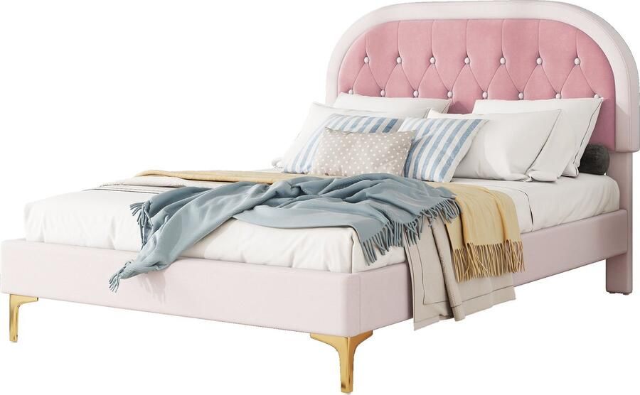 Merax Gestoffeerd Bed 140x200 cm Met Lattenbodem (zonder Matras) Gouden Metalen Poten Gebogen Hoofdbord Roze Fluwelen Bed Minimalistisch Design