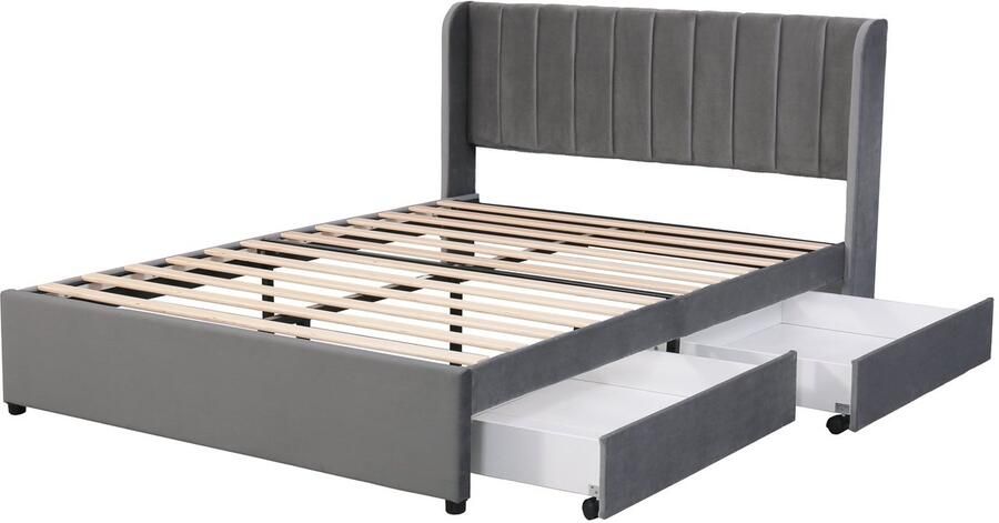 Merax Gestoffeerd Tweepersoonsbed 140x200 cm – Grijs Fluweel Gestoffeerd Bed met Houten Lattenbodem en 2 Opberglades