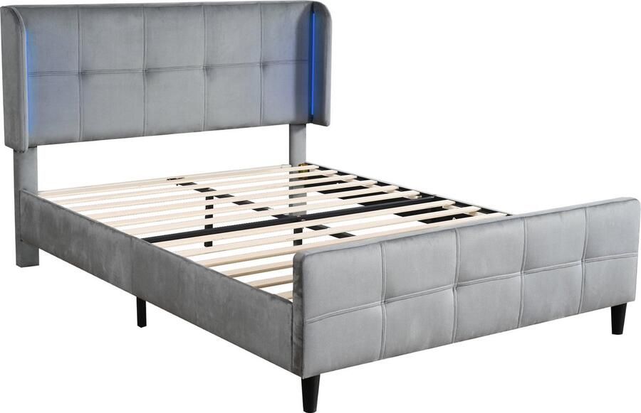 Merax Gestoffeerd Bed 140x200 cm – Luxe Fluwelen Bed met Verstelbare Hoogte LED Verlichting Gestept Hoofd- en Voetbord Inclusief Lattenbodem Grijs - Foto 2