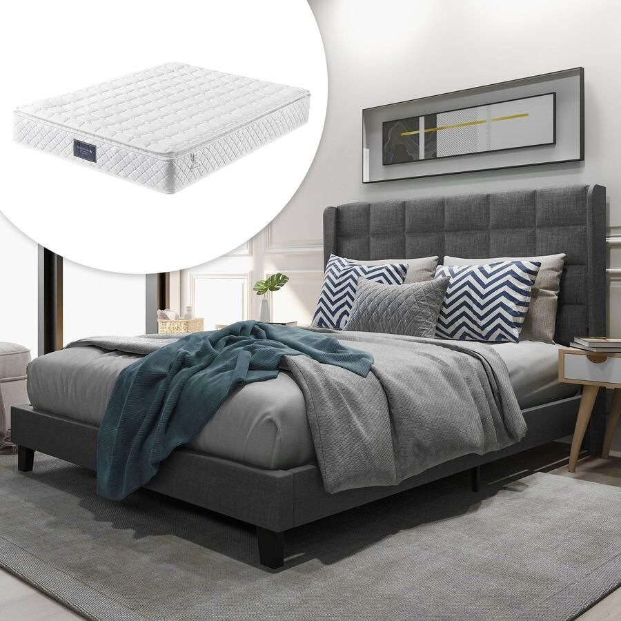 Merax Gestoffeerd Bed 140x200 cm met Verstelbaar Hoofdbord en Federkernmatras Grijs Linnen met Lattenbodem en Zwarte Poten - Foto 2