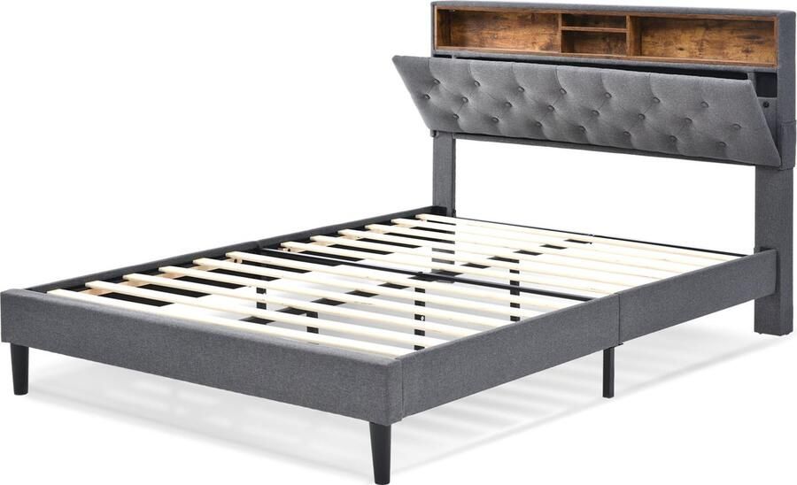 Merax Gestoffeerd Tweepersoonsbed 140x200 cm Inclusief Matras Bed met Hoofdbord en LED-Verlichting Grijs