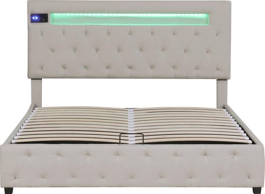 Merax Gestoffeerd Tweepersoonsbed 140x200 cm Inclusief USB-oplaadfunctie met Bluetooth-speler en LED-verlichting Modern Bed met Opbergruimte en Verstelbaar Hoofdbord Beige