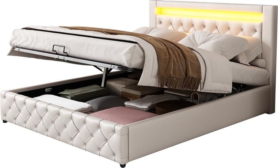 Merax Gestoffeerd Tweepersoonsbed 140x200 cm Kunstleer Bed Opbergruimte en LED-Verlichting Wit