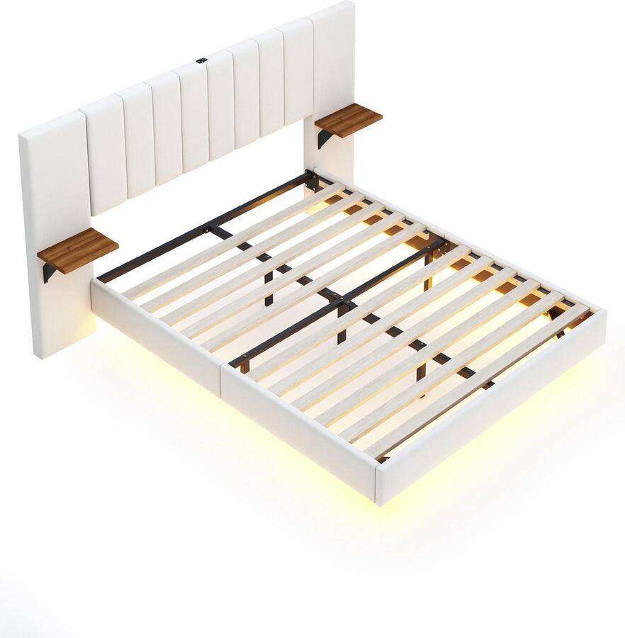 Merax Gestoffeerd Tweepersoonsbed 140x200 cm Luxe Bed met Verlengd Hoofdbord en Planken Bedframe met USB Aansluiting en LED Verlichting Beige