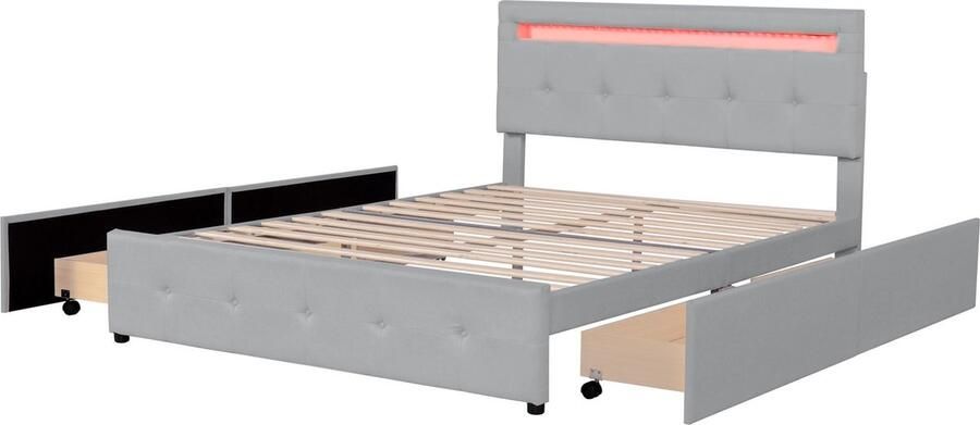 Merax Gestoffeerd Tweepersoonsbed 140x200 cm met 4 Lades Luxe Bed met Verstelbaar Hoofdbord en LED-Verlichting Grijs
