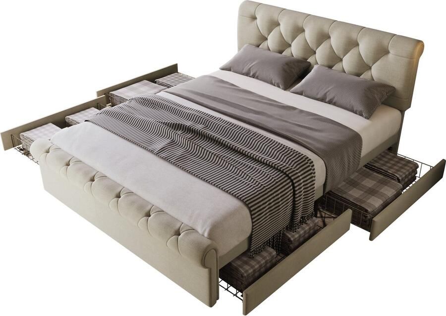 Merax Gestoffeerd Tweepersoonsbed 140x200 cm met 4 Opberglades Luxe Bed met Verstelbaar Hoofdbord Chesterfield Design Beige