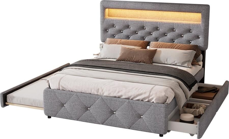 Merax Gestoffeerd Tweepersoonsbed 140x200 cm met Extra Uitschuifbaar Bed 90x190 cm Bedframe met 2 Lades en LED-Verlichting Grijs