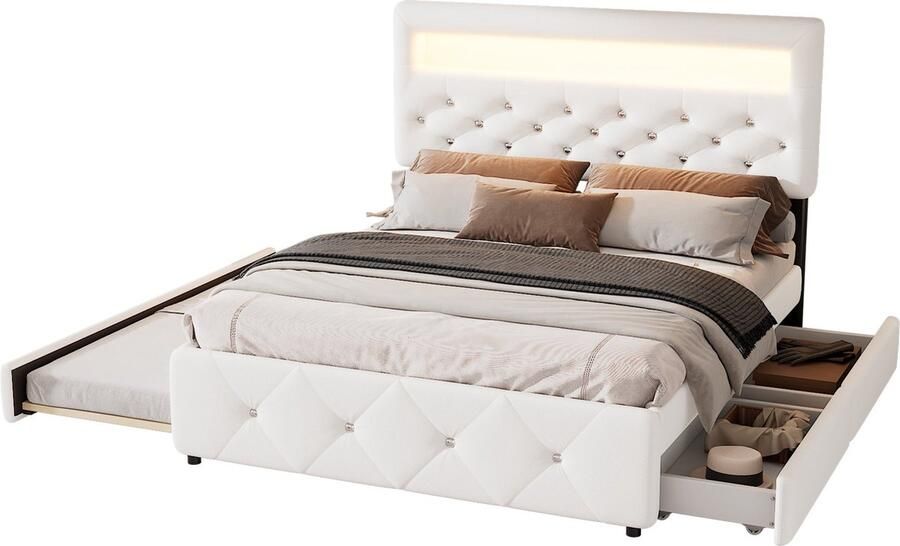 Merax Gestoffeerd Tweepersoonsbed 140x200 cm met Extra Uitschuifbaar Bed 90x190 cm Bedframe met 2 Lades en Hoofdbord met LED-Verlichting Wit