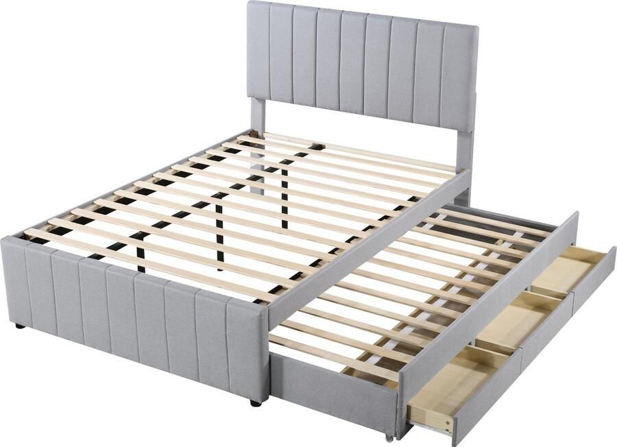 Merax Gestoffeerd Tweepersoonsbed 140x200 cm met extra Uitschuifbaar Bed 90x190 cm en 3 Lades Huidvriendelijke Linnen Bedframe Grijs