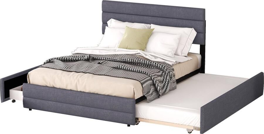 Merax Gestoffeerd Tweepersoonsbed 140x200 cm met Extra Uitschuifbaar Bed en 2 Lades Bedframe met Verstelbaar Hoofdbord Grijs