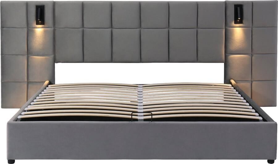 Merax Gestoffeerd Tweepersoonsbed 140x200 cm met Groot Hoofdbord en Hydraulisch Lattenbodem met Opbergruimte Luxe Bed met Richtbare Leeslamp en USB-Aansluiting Grijs