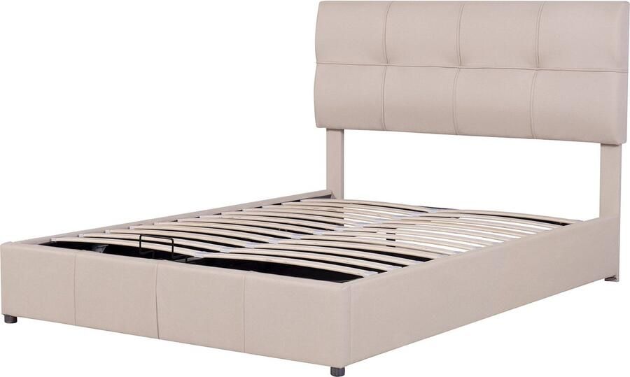 Merax Gestoffeerd Tweepersoonsbed 140x200 cm met Hydraulisch Opbergruimte Verstelbaar Hoofdbord en Metalen Lattenbodem Linnen Beige