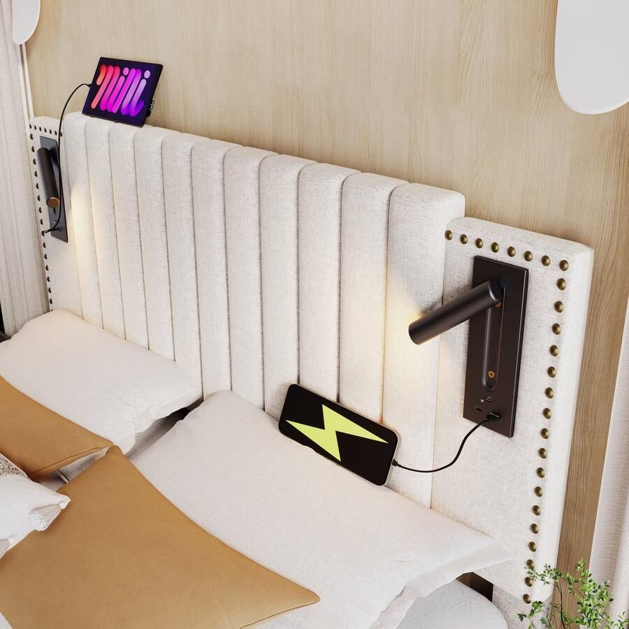 Merax Queensize Tweepersoonsbed 160x200 cm met Hydraulische Opbergruimte en Leeslamp Gestoffeerd Bed met Verstelbaar Hoofdbord en USB Type-C Aansluiting Beige