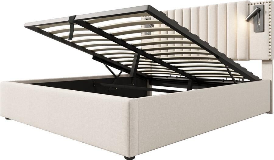 Merax Gestoffeerd Tweepersoonsbed 140x200 cm met Hydraulische Opbergruimte Bedframe met Verstelbaar Hoofdbord Inclusief Leeslamp en USB Aansluiting Beige