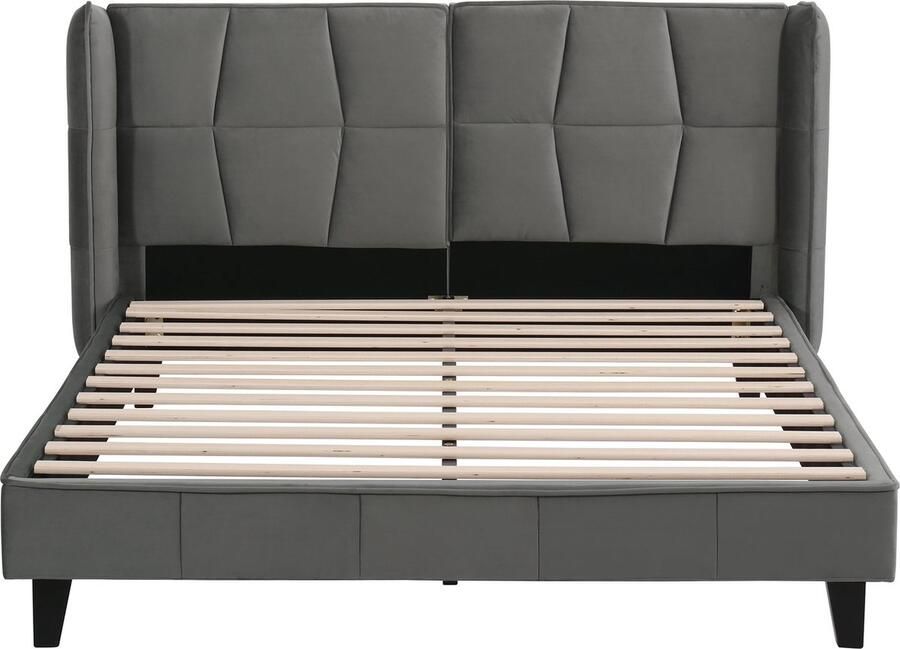 Merax Gestoffeerd Tweepersoonsbed 140x200 cm met Lattenbodem en Hoofdbord Luxe Fluwelen Houten Bed Grijs