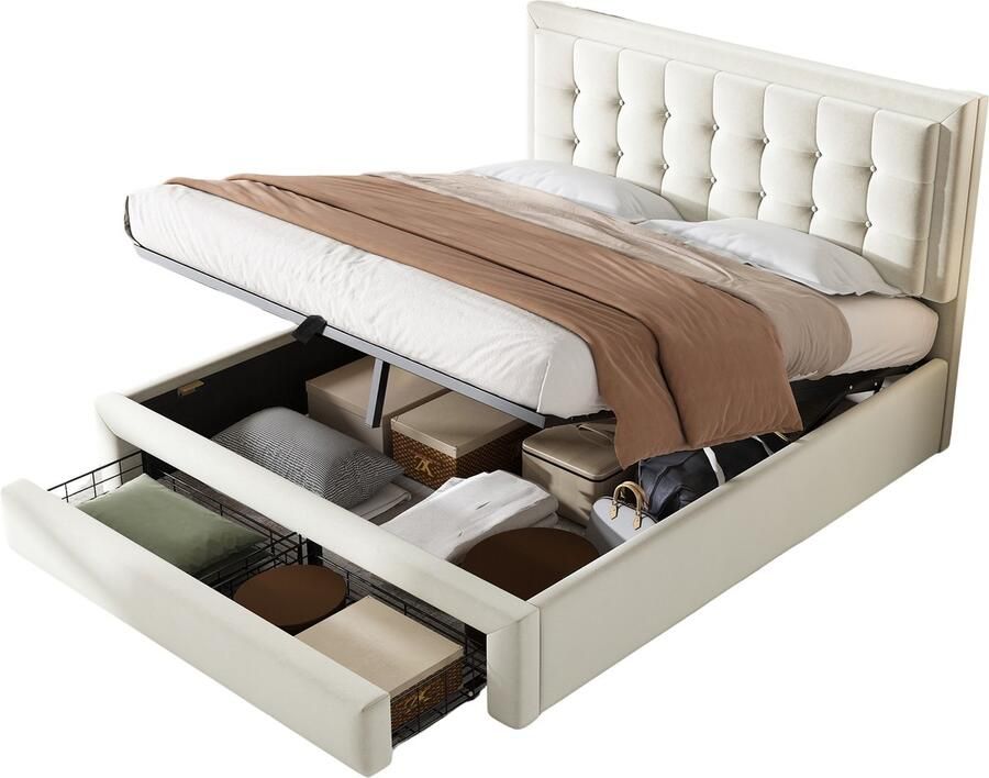 Merax Gestoffeerd Tweepersoonsbed 140x200 cm met Lattenbodem en Verstelbaar Hoofdbord Bed met Hydraulisch Opbergruimte en 2 Lades Beige Fluweel