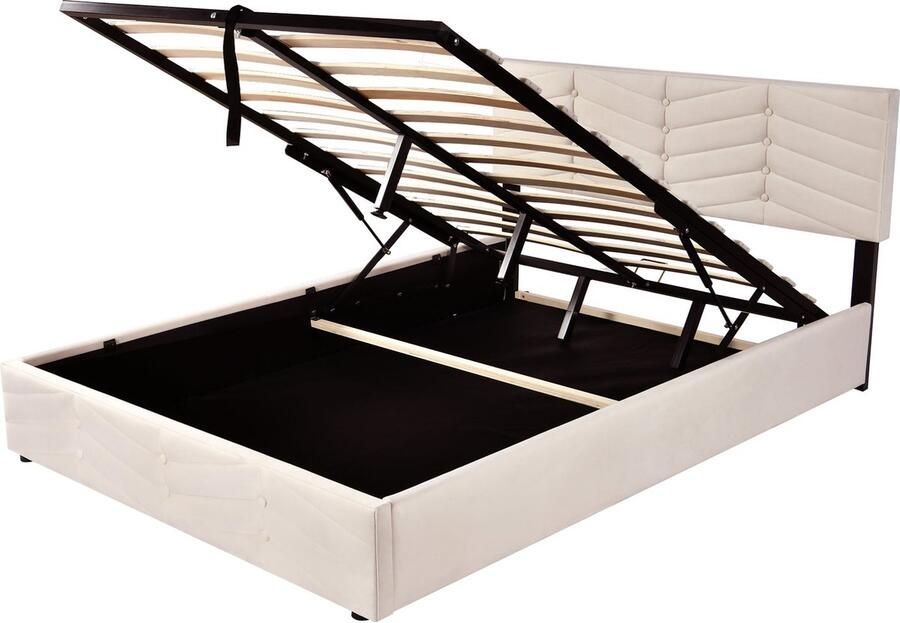 Merax Gestoffeerd Tweepersoonsbed 140x200 cm met Lattenbodem en Verstelbaar Hoofdbord Velvet Bed voor Volwassenen en Jongeren Beige - Foto 2