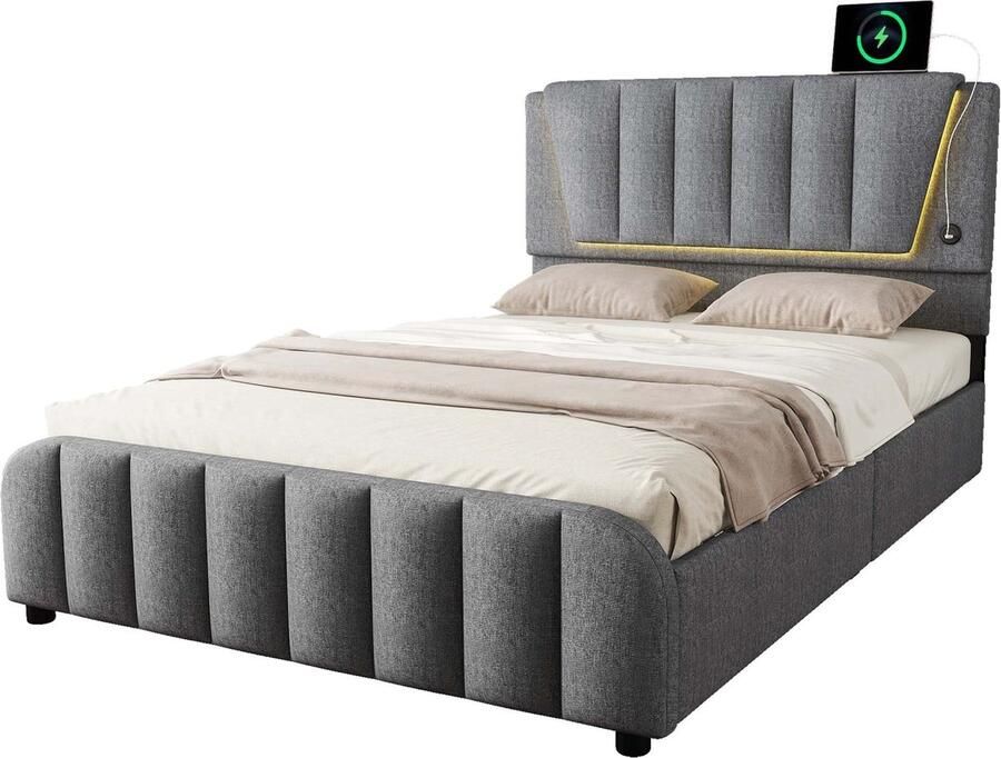 Merax Gestoffeerd Bed 140x200 cm met Lattenbodem (Zonder Matras) LED Verlichting 4 Opberglades en Verstelbaar Hoofdbord Grijs Linnen Minimalistisch Design