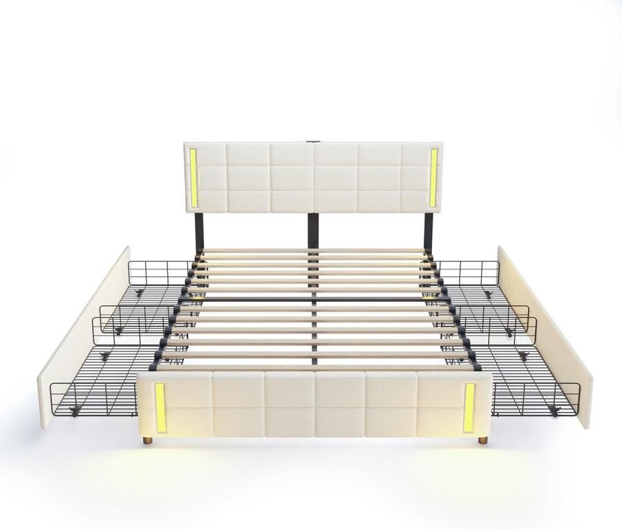 Merax Gestoffeerd Tweepersoonsbed 140x200 cm met LED Verlichting en Afstandsbediening Luxe Bedframe met 4 Opberglades en Verstelbaar Hoofdbord Beige - Foto 3