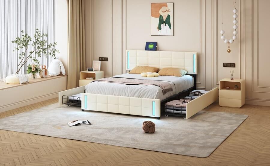 Merax Gestoffeerd Tweepersoonsbed 140x200 cm met LED Verlichting en Afstandsbediening Luxe Bedframe met 4 Opberglades en Verstelbaar Hoofdbord Beige - Foto 2