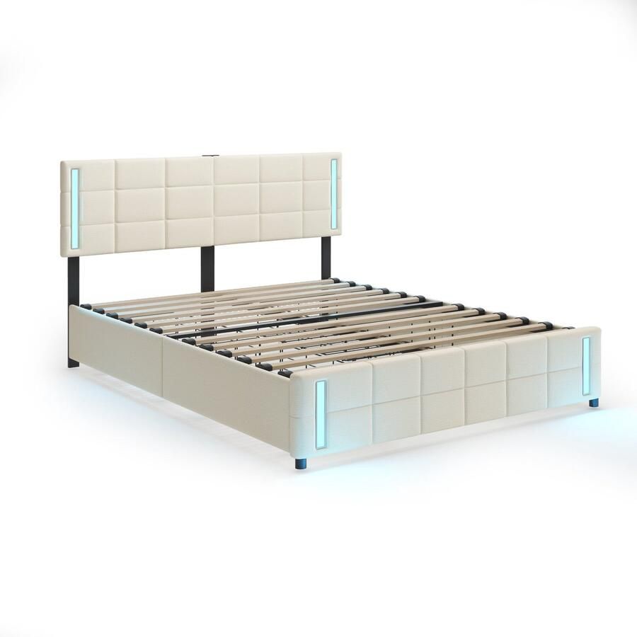 Merax Gestoffeerd Tweepersoonsbed 140x200 cm met LED Verlichting en Afstandsbediening Luxe Bedframe met 4 Opberglades en Verstelbaar Hoofdbord Beige