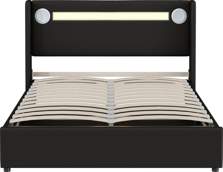 Merax Gestoffeerd Tweepersoonsbed 140x200 cm met LED Verlichting en Bluetooth Kunstleer Gestoffeerd Bed met USB Aansluiting en Hydraulische Opbergruimte Zwart - Foto 3