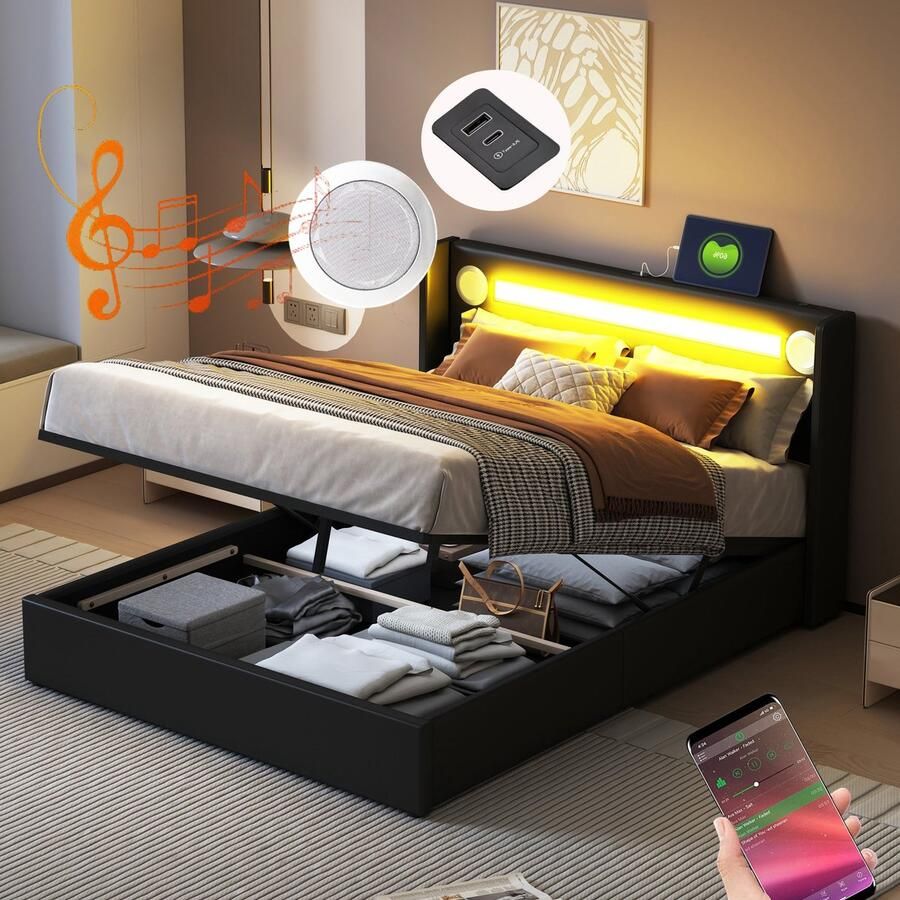 Merax Gestoffeerd Tweepersoonsbed 140x200 cm met LED Verlichting en Bluetooth Kunstleer Gestoffeerd Bed met USB Aansluiting en Hydraulische Opbergruimte Zwart