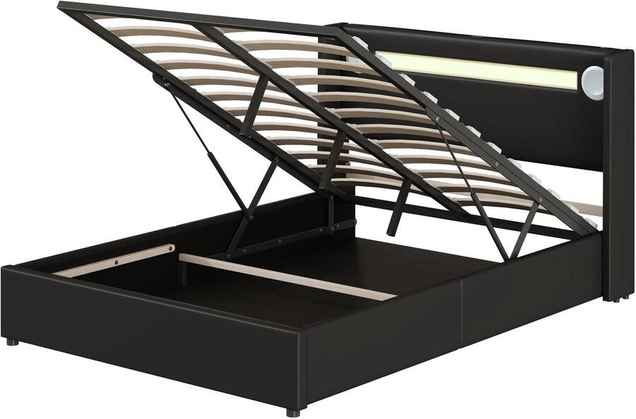 Merax Gestoffeerd Tweepersoonsbed 140x200 cm met LED Verlichting en Bluetooth Kunstleer Gestoffeerd Bed met USB Aansluiting en Hydraulische Opbergruimte Zwart - Foto 2