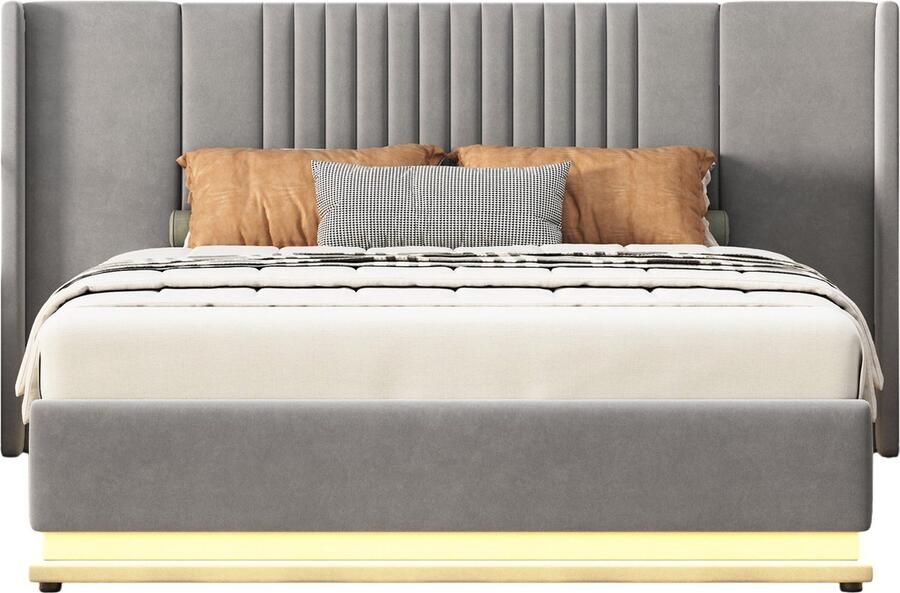 Merax Gestoffeerd Tweepersoonsbed 140x200 cm met LED-Verlichting en Hydraulische Opslagruimte Luxe Fluwelen Bed met Groot Hoofdbord Grijs