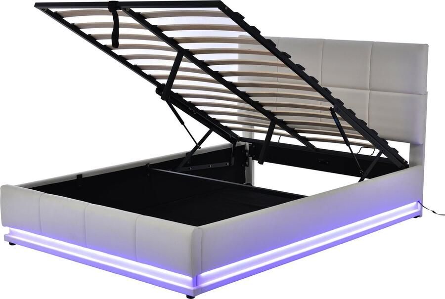 Merax Gestoffeerd Tweepersoonsbed 140x200 cm met LED-Verlichting en Metalen Lattenbodem Kunstleer Bed met Hydraulische Opbergruimte en Verstelbaar Hoofdbord Grijs