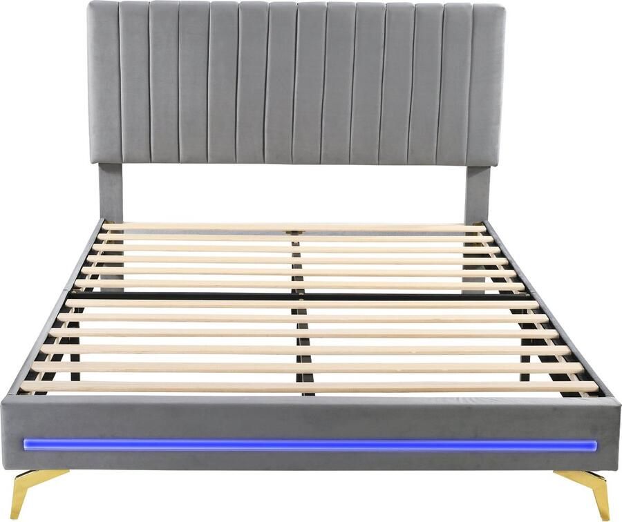 Merax Gestoffeerd Bed 140 x 200 cm met LED-verlichting en Lattenbodem Fluwelen Stof Dubbelbed met Verstelbaar Hoofdbord Grijs (Zonder Matras)