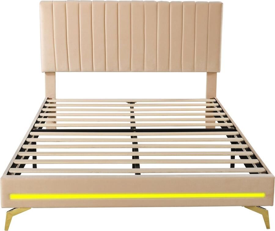 Merax Gestoffeerd Tweepersoonsbed 140x200 cm met LED-Verlichting en Verstelbaar Hoofdbord Luxe Bed met Lattenbodem en Hoge Metalen Poten Beige