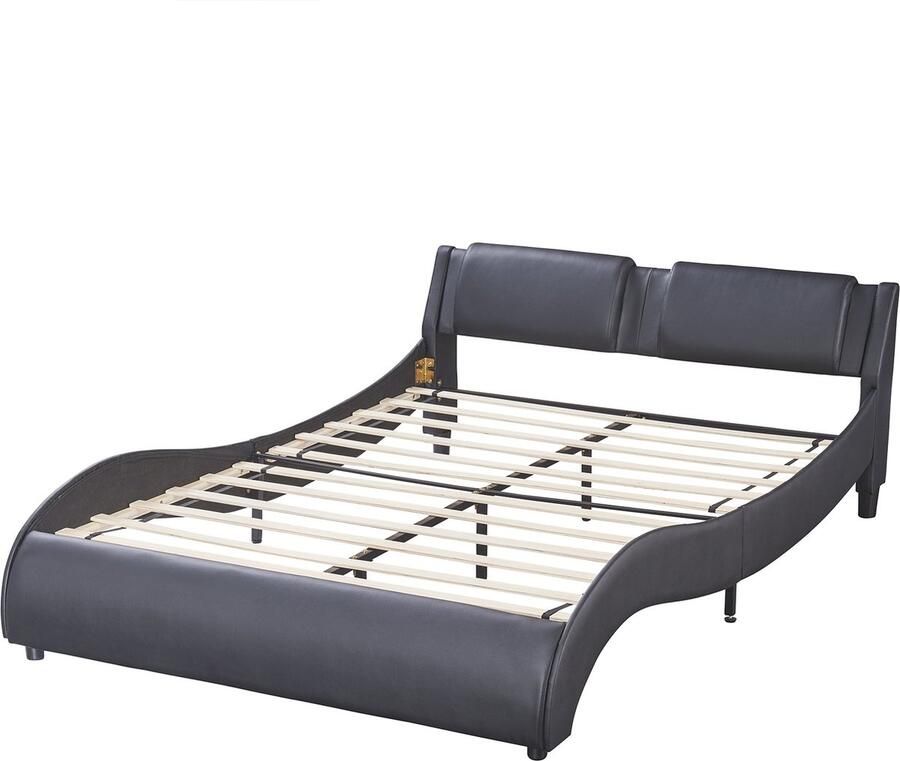 Merax Gestoffeerd Tweepersoonsbed 140x200 cm met LED Verlichting Luxe Bed in Kunstleer Zwart