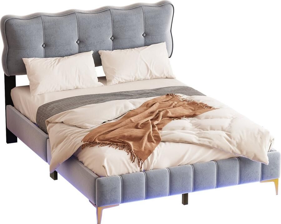 Merax Gestoffeerd Tweepersoonsbed 140x200 cm met LED-verlichting Luxe Bed met Metalen Poten Grijs